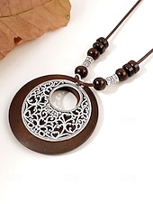 voordelige Dames ketting-Dames boho lange hangerketting - vintage hout &amp;Truienketting van legeringskralen met bladmotief &amp;Levensboom bedeltjes voor een zomervakantie aan het strand, of als casual kleding voor elke dag.