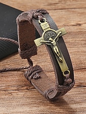 baratos Jóias Masculinas-Pulseira masculina de couro genuíno com liga metálica e cruz, ajustável nas cores preta ou marrom, joia vintage casual para uso diário, viagens e looks de férias.