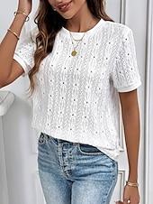  Mujer Tops de encaje Encaje Elegante Bohemia Tropical Manga Corta Cuello Barco Tops regulares Casual Diario Noche Blanco Verano Primavera