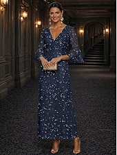 baratos Comprimento do tornozelo-Linha A Vestidos Longo Até o Tornozelo Vestido Coquetel Vestido Para Mãe dos Noivos Manga Longa Decote V Elegante Luxuoso Brilho &amp; Glitter Formal Convidado do casamento Semi formal Renda com Miçangas
