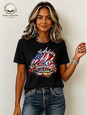billige Uavhengighetsdag Topp-Amerikansk uavhengighetsdag Dame 100% قطن T skjorte Trykt mønster Grafisk Bokstaver Amerikansk flagg Årgang Stilfull Fritid Kortermet Crew-hals Vanlige topper Avslappet Daglig Helg Blå Svart Hvit