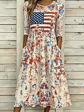  día de la independencia americana Mujer Vestido Midi Vestido de cambio Vacaciones Fiesta Casual Diario Vestido de verano vestido de primavera Ajuste regular Bandera estadounidense Media Manga Cuello