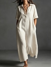 cheap Dresses-Women's Maxi long Dress Linen Dresses Elegant Vacation Loose Fit Plain Short Sleeve Shirt Collar Summer