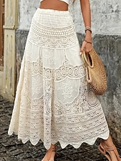 economico Gonne da Vacanza-Per donna Cotone Bohemien Maxi Vita Alta Gonne Pizzo Foro Micro-elastico Albicocca Estate