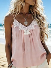 preiswerte Einfacher Tank-Damen Hemd Sommerhemd Bluse Camisole-Tanktop Spitze Einfarbig Stilvoll Klassisch Modern Ärmellos V Ausschnitt Normale Oberteile Täglich Ferien Ausgehen Weiß Rosa Himmelblau Aprikose Sommer Frühling