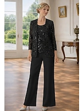 cheap Mom's Pant Suits-3 Piece Pantsuit Floor Length Mother of the Bride Dress Sleeveless 3/4 Length Sleeve Scoop Neck Elegant Simple Embellished Formal Wedding Guest Formal Evening Chiffon Sequined with Sequin