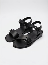 economico Sandali Piani-Sandali piatti da donna in pelle marrone con cinturino regolabile alla caviglia - classici sandali estivi con doppia fibbia per passeggiate e viaggi informali
