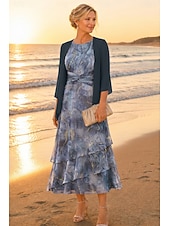 preiswerte Mamas Kleidersets-Zweiteilig A-Linie Knöchellänge Kleid für Hochzeitsgäste Brautmutterkleid Dreiviertelarm Rundausschnitt Elegant Einfach Lässig Formell Hochzeitsgast Familientreffen vereitelt Chiffon Mit Schal mit