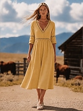  Per donna Abito Midi Abito a trapezio Casual Quotidiano Spiaggia Feste Vestibilità comoda Semplice Manica 3/4 Scollo a V Nero Bianco Giallo Verde Estate Primavera