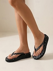 cheap Women-Women's Black Polka Dot Platform Flip Flops - Chic Polka Dot Pattern Wedge Thong Sandals for Beach Vacations, Summer Pool Parties &amp; Tropical Resort Travel
