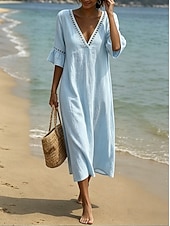 preiswerte Kleider-Damen Midikleid Kleider in Leinenoptik Sommerkleid Basic Klassisch Täglich Urlaub Lässiger Schnitt Einfach Halbarm V Ausschnitt Blau Weiß Hellgrün Aprikose Sommer Frühling