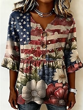  American Independence Day Women's Shirt Graphic USA American Flag Vintage Stylish Long Sleeve V Neck Regular Tops Casual Daily Holiday Red Brick red Summer Spring