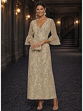 baratos Comprimento do tornozelo-Linha A Vestidos Longo Até o Tornozelo Vestido Coquetel Vestido Para Mãe dos Noivos Manga Longa Decote V Elegante Luxuoso Brilho &amp; Glitter Formal Convidado do casamento Semi formal Renda com Miçangas