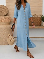 voordelige Jurken-Dames Maxi-jurk Linnen jurken Vintage Dagelijks Ruim Passend Heldere kleur Lange mouw V-hals Rood Zomer