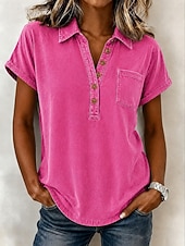  camicia da donna softfade™ 100% cotone lavato, top vintage lavati, tinta unita, elegante, basic, maniche corte, colletto, top regolari, casual, per tutti i giorni, per uscire, blu, rosa, viola, verde, estate, primavera