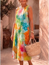 ieftine Rochii florale-Pentru femei Rochii Midi Rochie de schimb Rochie de Vară Rochie A line Vacanță Casual Boho Plajă Petrecere Potrivire Largă Floral Grafic Fără manșon Stil Nautic Albastru celest Portocaliu Var