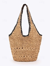economico Borse da viaggio per vacanze-Borsa a tracolla da donna in stile bohémien intrecciata, colore beige kaki, capiente, con cerniera, ideale per vacanze al mare, viaggi e abbigliamento casual quotidiano.
