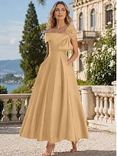 cheap Cocktail Dresses-A-Line Ankle Length Cocktail Dresses Party Dresses Elegant Silky Short Sleeve One Shoulder Wedding Formal Pink Dress Satin with Bow(s)