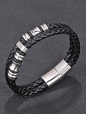 abordables Bijoux pour hommes-cuir synthétique à fermeture magnétique pour homme &amp;Bracelet en acier inoxydable noir, résistant et élégant, idéal pour offrir, pour les vacances à la plage ou au quotidien.