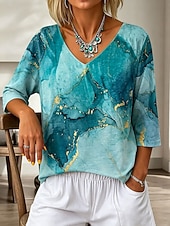 ieftine Bluze Art&amp;Design-Pentru femei Cămașă Grafic Imprimare de marmură Boemia Epocă Modă Lungime Manșon 3/4 În V Topuri obișnuite Casual Zilnic Ieșire Albastru piscină Kaki Trifoi Vară Primăvară
