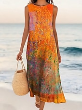 cheap Art&amp;Design Dress-Women's Midi Dress Casual Dress A Line Dress Elegant Regular Fit Graphic Geometric Abstract Sleeveless Crew Neck Orange Khaki Summer Spring