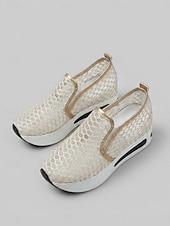 abordables Baskets femme-Baskets en maille dorée pour femme - chaussures compensées respirantes et confortables pour l'été et la marche au quotidien &amp; voyage