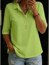 cheap Plain Blouses-Women's Blouse Buttons Solid Color Elegant Vacation Daily Half Sleeve Turndown Shirt Collar Long Tops Casual Daily Going out White Yellow Sky Blue Green Summer Spring