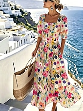 tanie Sukienki kwiatowe-Damskie Sukienka midi Codzienne sukienki Sukienka A line Elegancja Urlop Elegancki Plaża Święto Regularny Kwiaty Graficzny Rękaw 1/2 Kwadratowy dekolt Niebieski Rumiany róż Zielony Lato Wiosna