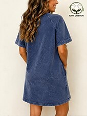 economico Vestito bianco-Abito t-shirt da donna 100% cotone, abito lavato, vestibilità regolare, tinta unita, maniche corte, scollo rotondo, lunghezza al ginocchio