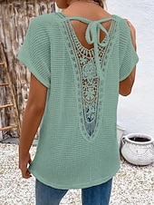  Mujer Camisa Blusa con textura Parte superior con ojales Top de empalme de encaje Jacquard Encaje Retazos Elegante Bohemia Vintage Manga Corta Cuello Barco Tops regulares Casual Negro Blanco Verde