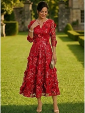 baratos Comprimento do tornozelo-Linha A Longuette Vestido de renda Vestido Para Mãe dos Noivos Manga Longa Decote V Elegante Vintage Formal Convidado do casamento Festa de Casamento Cetim Renda com Flores 3D Lantejoulas Bordado