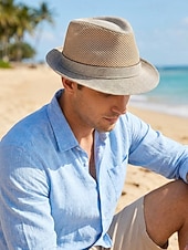 baratos Chapéus Masculinos-Chapéu fedora masculino em poliéster respirável com tela – multicolorido, leve e perfeito para o verão, férias na praia, uso casual diário e atividades ao ar livre.