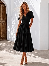  Mujer Vestido Midi Vestido de una línea Vestido de verano Vacaciones Fiesta Cumpleaños Diario Ajuste regular Plano Manga Corta Escote en Pico Azul Piscina Negro Blanco Rosa Verano Primavera
