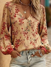 economico Bluse Floreali-Per donna Camicia Stampato Floreale Grafico Bohemien Vacanza Vintage Manica Lunga Manica a Lanterna Scollo a V Top Regolari Casuale Quotidiano Ferie Rosso Cammello Estate Primavera
