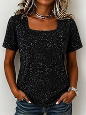 billiga Enkel t-shirt-Dam T-shirt T-tröja Strass Ensfärgat Mode Stylish Klassisk Kortärmad Fyrkantig hals Vanliga toppar Ledigt Dagligen Utekväll Svart Vit Brun Grå Sommar Vår