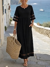 cheap Plain Dress-Women's Maxi Dress Sundress Casual Dress Vacation Casual Boho Beach Party Date Regular Fit Plain Half Sleeve Crew Neck Black Red Green Summer Spring