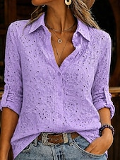 Недорогие Plain Blouses-Women's Blouse Embroidered Buttons Solid Color Elegant Casual Long Sleeve Turndown Regular Tops Casual Daily Holiday White Red Purple Green Summer Spring