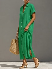  Women's Midi Dress Cotton Linen Dresses Shift Dress Basic Daily Loose Fit Plain Long Sleeve Shirt Collar Summer Spring Fall