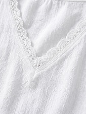 cheap Shirts-Women's Cotton Linen Shirts Lace Splicing Top Ruffle Patchwork Lace Trim Solid Color Plain Vintage Short Sleeve V Neck Regular Tops Casual Black White Summer Spring
