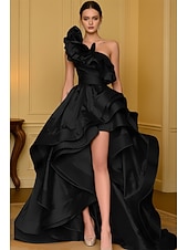 preiswerte Empire-Waist-Abendkleider-A-Linie Asymmetrisch Abiballkleider Abendkleid Ballkleid Festliche Kleidung Elegant Hoher Schlitz Ärmellos Ein-Schulter Hochzeit Formell Satin mit Rüschen Schlitz
