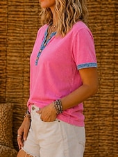  Per donna Cotone lavato 100% cotone Patchwork Bottoni Vintage Manica Corta Girocollo Top Regolari Blu Rosa Estate Primavera