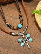 tanie Naszyjnik damski-Damski naszyjnik w stylu boho z wisiorkiem w kształcie ważki, dwuwarstwowy choker ze skóry ze stopu metali, z turkusowymi koralikami, idealny na wakacje na plaży, letnie podróże i codzienne, codzienne