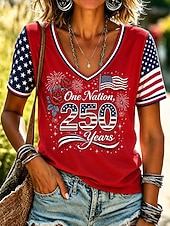  día de la independencia americana Mujer Camiseta Estampado Graphic Letra Bandera estadounidense Vintage Elegante Clásico Manga Corta Escote en Pico Tops regulares Casual Diario Rojo Verano Primavera
