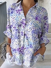billige Blomstrete bluser-Dame Skjorte Rynket Blomstret Grafisk Elegant Ferie Stilfull 3/4 ermer Skjortekrage Crop Tops Avslappet Daglig Arbeid Hvit Gul Rosa Lys Lilla Lilla Sommer Vår
