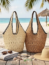 economico Borse da viaggio per vacanze-Borsa a tracolla da donna in stile bohémien intrecciata, colore beige kaki, capiente, con cerniera, ideale per vacanze al mare, viaggi e abbigliamento casual quotidiano.