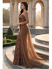 abordables Vestidos de gala-Corte Trompeta Sirena Hasta el Suelo Vestidos de noche Vestido de baile con sobrefalda Vestimenta formal Elegante Manga Larga Cuello Barco Fiesta de baile Fiesta de Noche Tul con Lentejuela