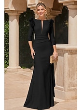 economico Abiti da Sera Sirena-Sirena Tromba Lunghezza al pavimento Abiti da Ballo Abito da Sera Da principessa Abito formale Elegante Manica 3/4 Scollo a V Formale Autunno Raso con Piuma Arricciato Volant