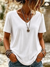  Camisetas de mujer 100% algodón - Camiseta básica de manga corta con cuello en V de calidad