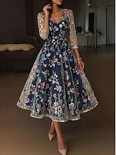  A-Line Tea Length Cocktail Dresses Elegant Vintage Floral 3/4 Length Sleeve V Neck Garden Party Wedding Satin Tulle with Embroidered Flower Pleats Embroidery