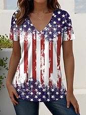 halpa Itsenäisyyspäivä Huippu-Amerikan itsenäisyyspäivä Naisten T-paita Painettu Kuvitettu Amerikan lippu Vintage Tyylikäs Klassinen Lyhythihainen V kaula-aukko Tavalliset topit Päivittäin Sininen Valkoinen Rubiini Laivaston